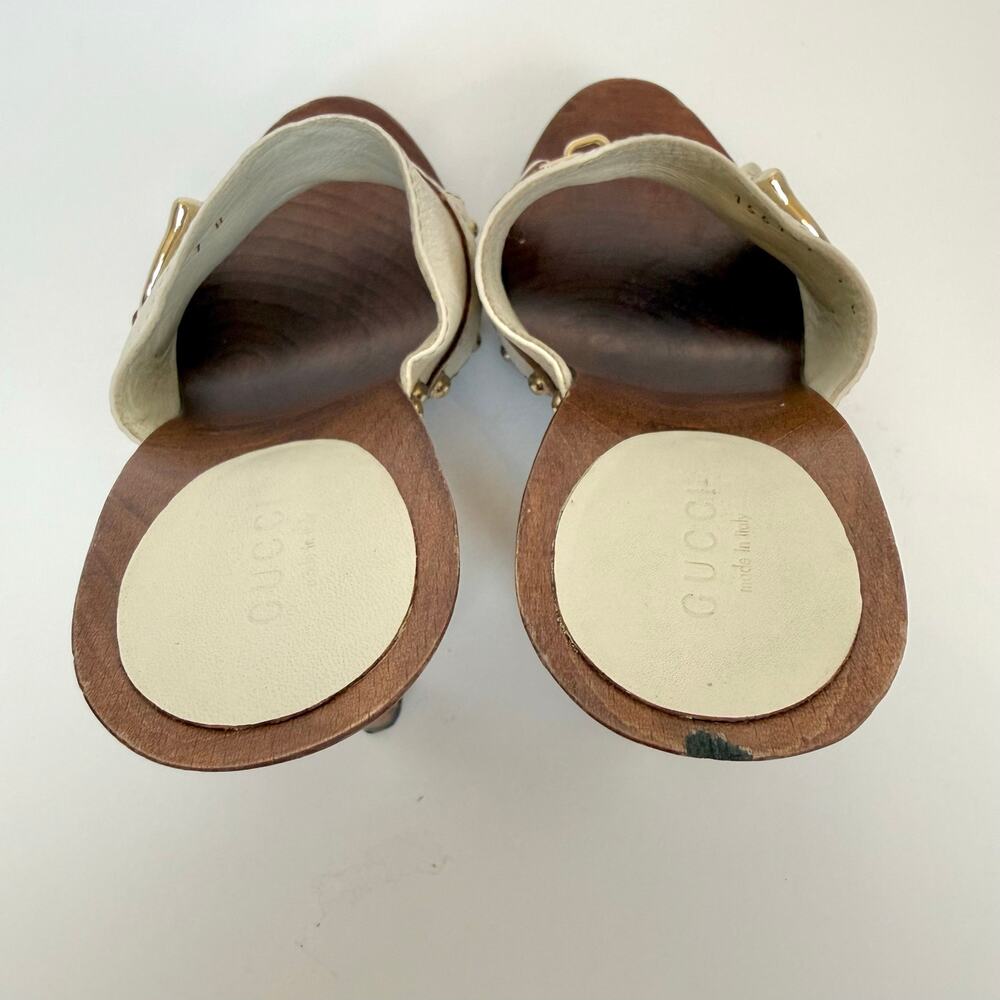 Gucci Leather Horsebit Wooden Clog Heels Sandal in Cream Off-White 7B - Picture 9 of 14